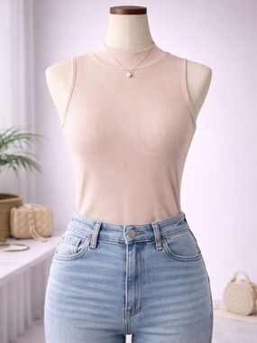 SHEIN Ribbed Mock Neck Tank Top in Nude Blush